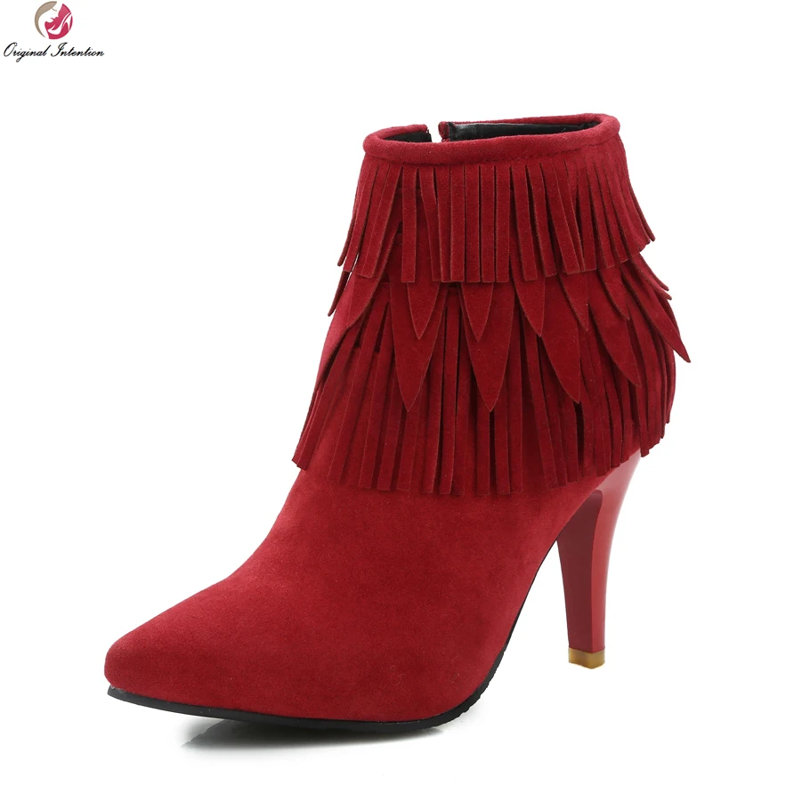 

Original Intention Women Ankle Boots Fashion Tassel Pointed Toe Spike Heels Boots Nice Black Red Shoes Woman US Size 3.5-14