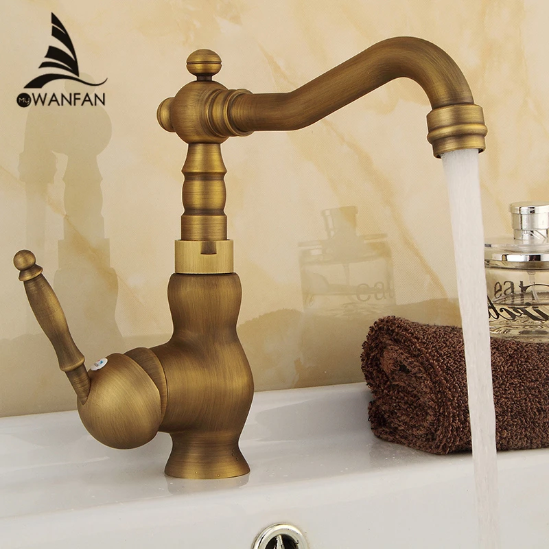 

Basin Faucets Antique Brass Bathroom Sink Faucet Swivel Spout Single Handle Bath Deck Hot and Cold Mixer Tap Water Taps HJ6717F