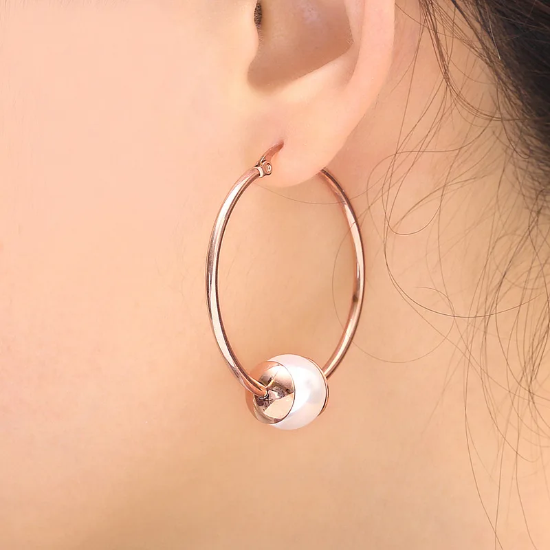 

Minimalist Imitation pearl hoop earrings fashion jewelry rose Gold Color titanium stainless steel big earrings for women J30