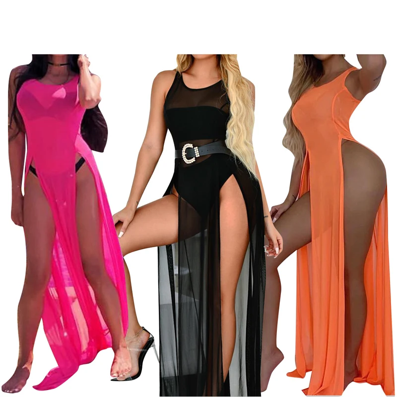 Новинка 2019 прозрачный длинный пляжный бикини с высоким разрезом накидка на