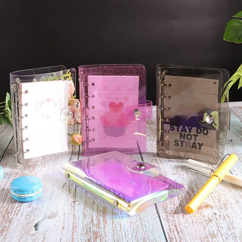 1pc A5/A6/A7 Laser Meteor Shower PVC Cover Loose Leaf Color Six Ring Binder Handbook File Folder with Button TJM9068