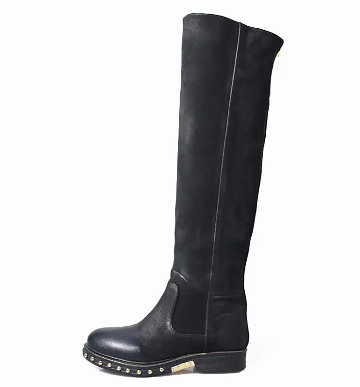 

Prova Perfetto Do Old Low Heel Knee High Boots For Women Concise Fashion Round Toe Rivet Decoration Genuine Leather Long Boots