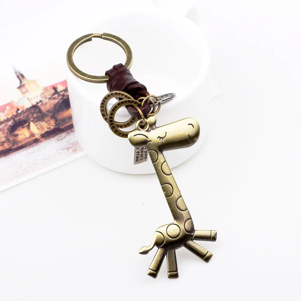 2019 new sika deer giraffe keychain fashion cartoon design bronze men and women alloy leather braided key ring | Украшения и
