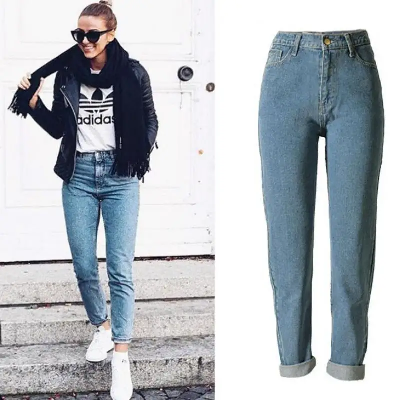 Для женщин джинсы с высокой талией Винтаж синий длинные штаны Дамы Boyfriend