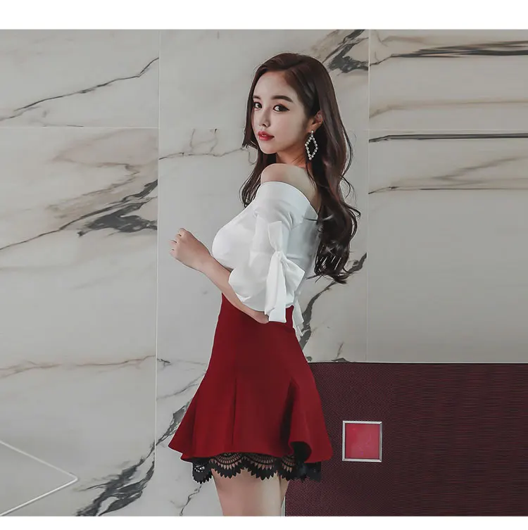 

2020 Summer Women's Fashion 2 piece Sets Slash Neck Plaid Shirts + high Waist Bow A-line Skirt Two-piece Lady Girls Skirt Suits