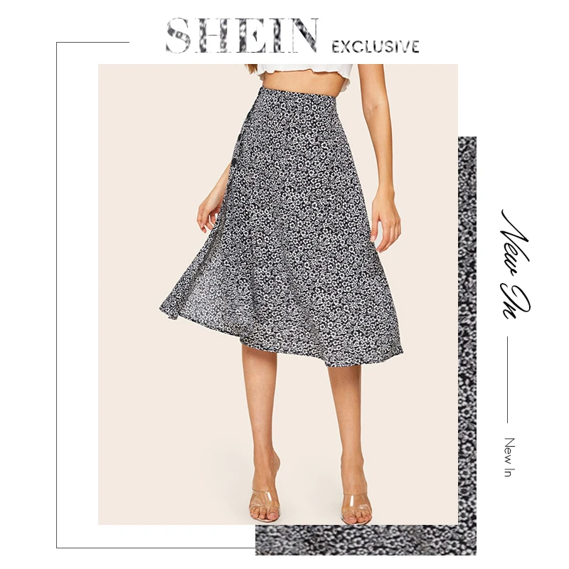 SHEIN, юбка с цветочным принтом и пуговицами, с разрезом по бокам, с высокой талией, для девушек, весна-лето, трапециевидная юбка миди, бохо, черная и белая, Женская юбка