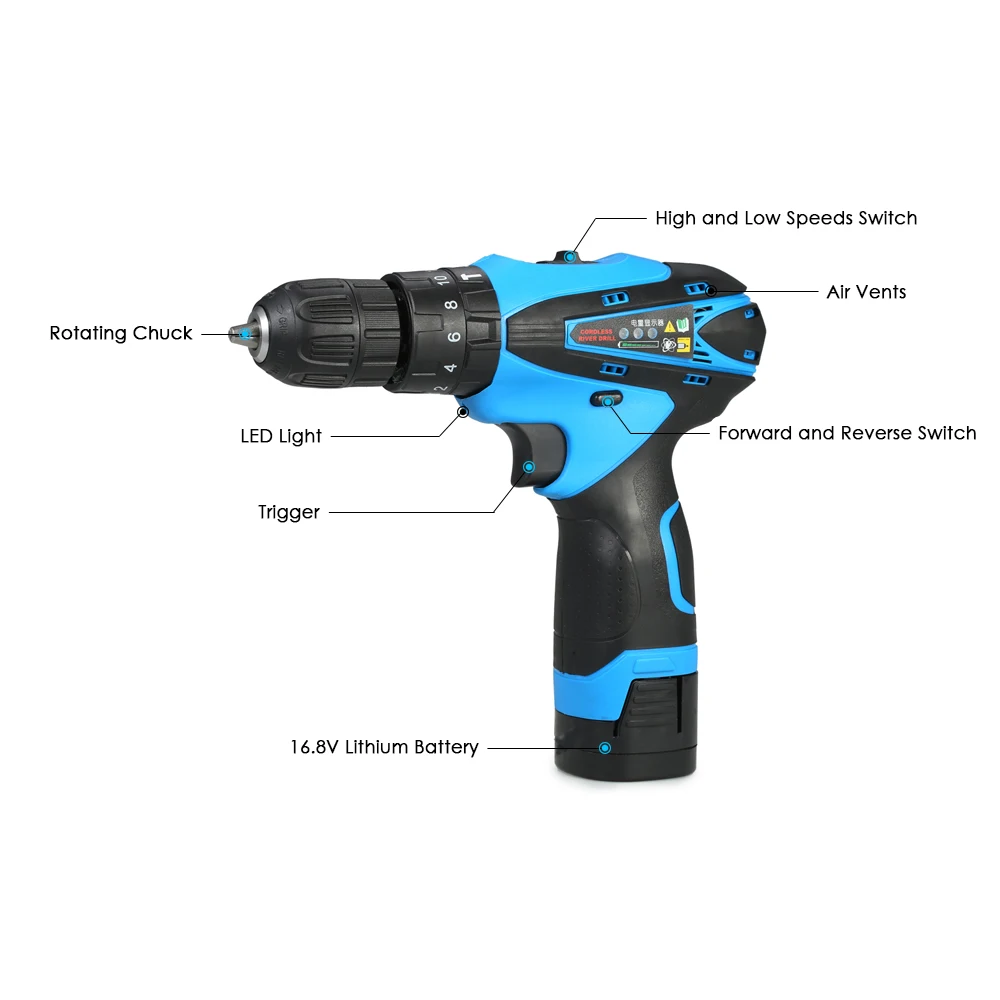 meterk 16.8V Lithium-Ion Two-speed Multi-functional Electric Cordless Drill Rechargeable Screwdriver with LED Light | Инструменты