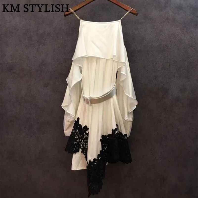 

2019SP Early Spring Sexy Off Shoulder Ruffled Lace Embroidered Stitching Pleated Dress Metal Chain Belt Strap Irregular Dress