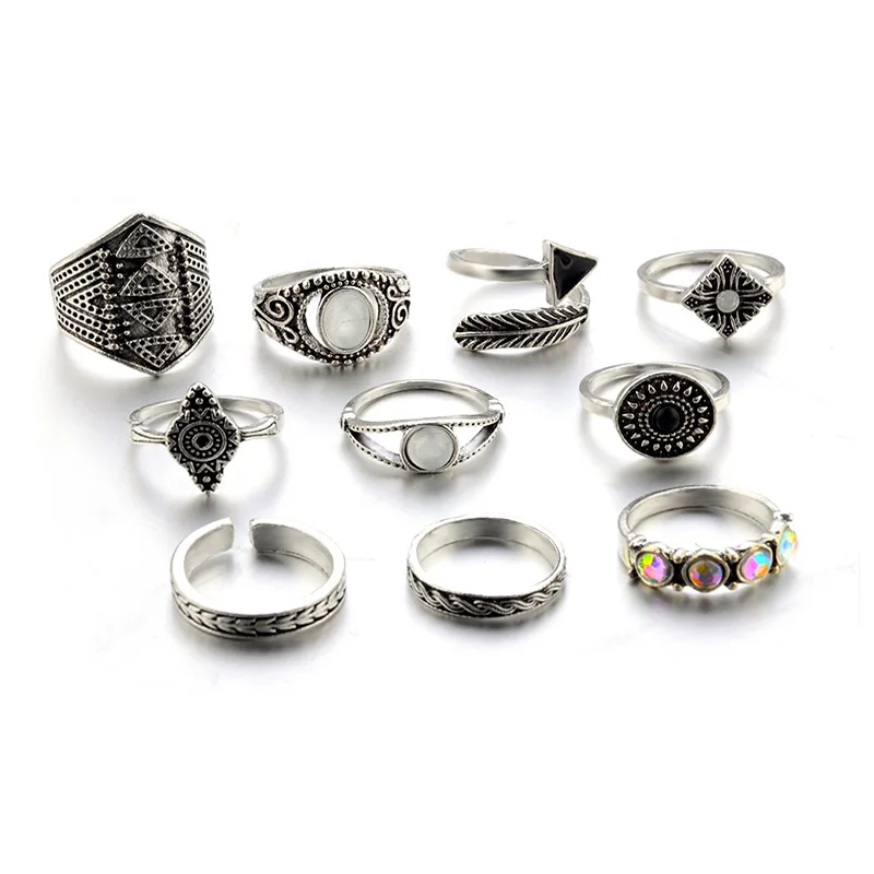 Sindlan Ring Fashion Vintage Jewelry Bohemian Engraving Motif Crystal Opal Exaggerated Punk 10pcs / Set Knuckle For Women | Украшения и
