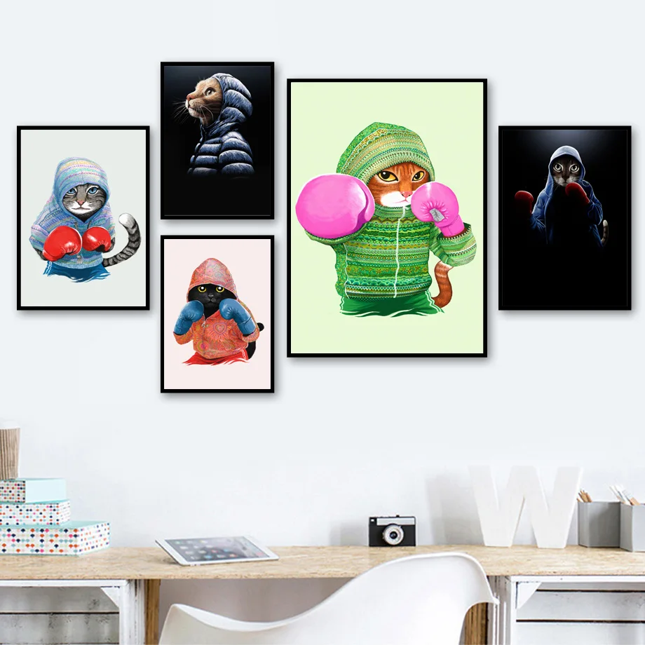 

Cartoon Cat Boxer Wall Art Canvas Painting Nordic Posters And Prints Animals Wall Pictures For Living Room Kids Room Decor