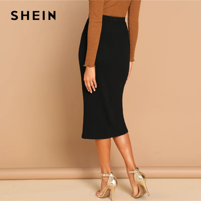SHEIN Трикотажная Миди Юбка На Пуговицах Длинная Юбка В Рубчик Длинная Облегающая Юбка-Карандаш