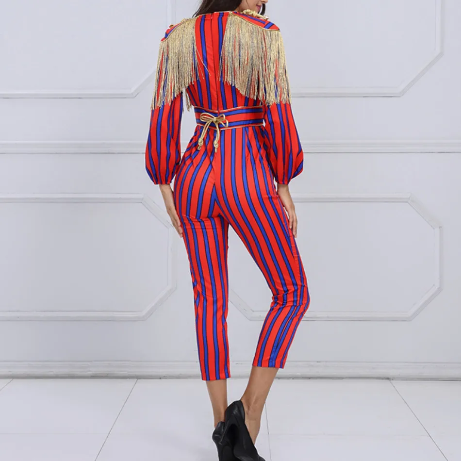 DressBird, новейший весенний женский комбинезон, комбинезоны, элегантные, в полоску, с кисточками, тонкие, красные, синие, с длинным рукавом, для подиума, вечерние, комбинезон, боди
