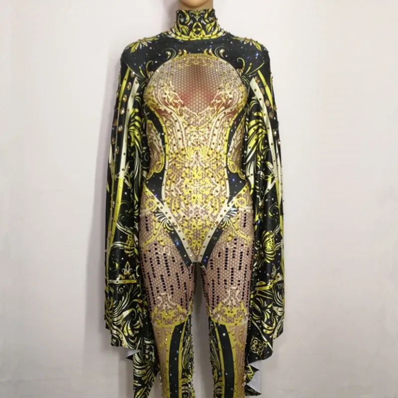 

Personality Pagoda Sleeve Gold Rhinestones Jumpsuit Models Catwalk Stage Outfit Nightclub Singer Performance Costume Dance Wears