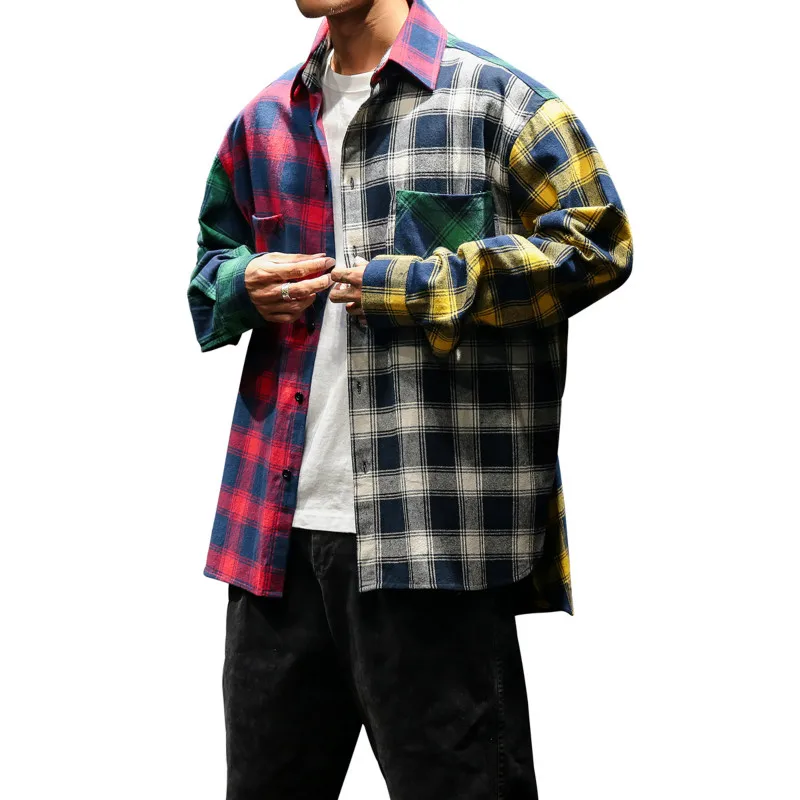 

Casual Men Plaid Shirt Spring Summer Men Dress Shirts Fashion Long Sleeve Slim Fit Chemise Color collision Cotton Male Shirt