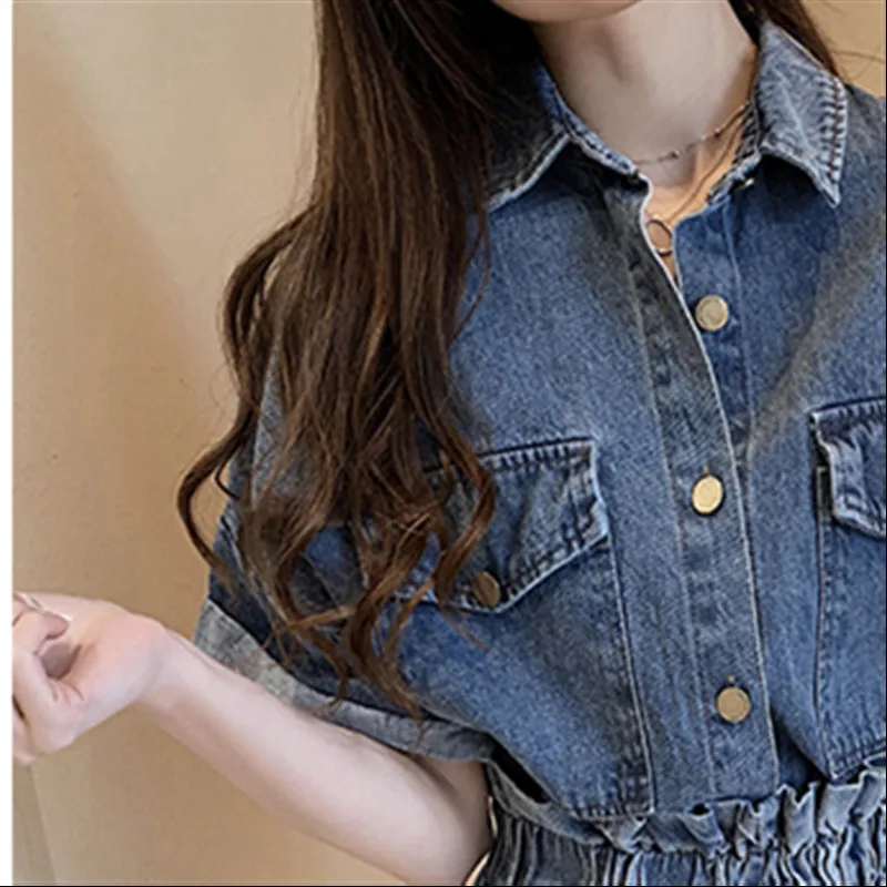 Комплект из 2 предметов женская модная джинсовая рубашка с квадратным воротником