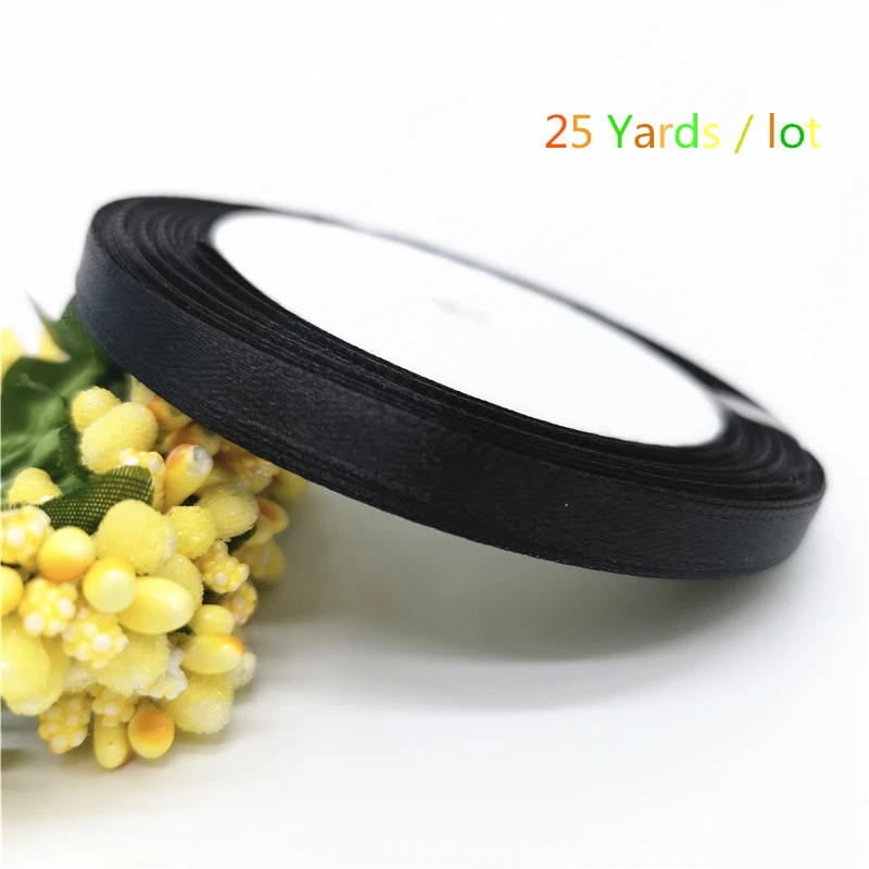 Black 25 yards 1/" 6 мм шелковая атласная лента для украшения свадебной вечеринки пригласительная открытка Подарочная упаковка Рождественская лента - Цвет: Black 25 yards