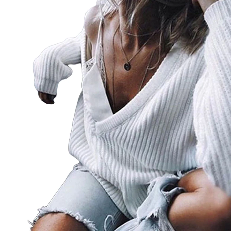 Сексуальный вязаный свитер с открытыми плечами и v-образным вырезом Женский