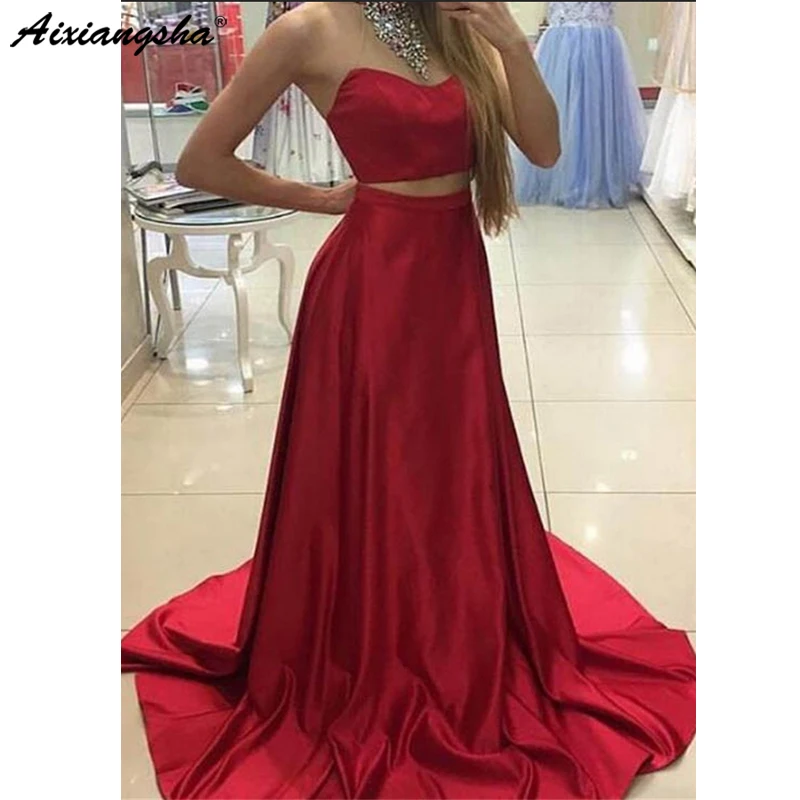 

Sexy Satin Evening Dress Sweetheart Two Pieces Robe De Soiree Sleeveless Backless robe de soiree Long Formal Party Dresses