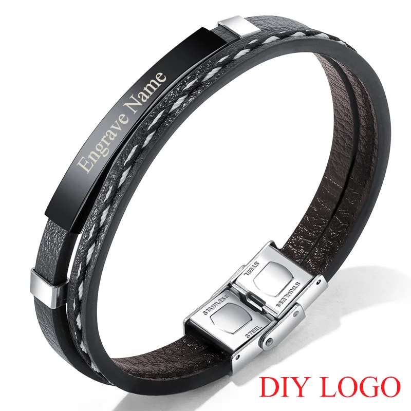 diy logo black AZIZ BEKKAOUI 3 Цвета Панк гравировка имя кожаный браслет для мужчин Веревка Цепи Браслеты из нержавеющей стали мужские ювелирные изделия Прямая поставка - Окраска металла: diy logo black
