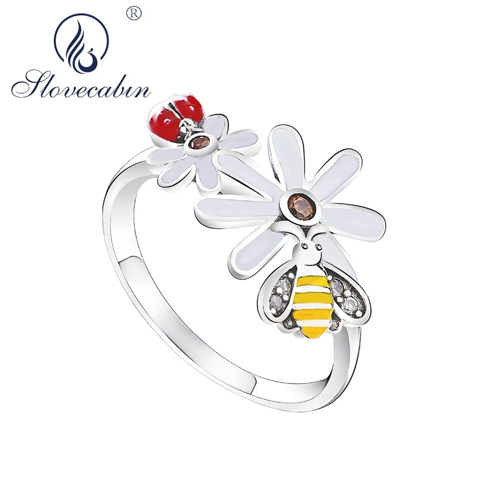 

Slovecabin Genuine 100% 925 Sterling Silver 2018 Mother's Day Bee and Ladybug in Flower Garden Finger Rings Women Spring Ring