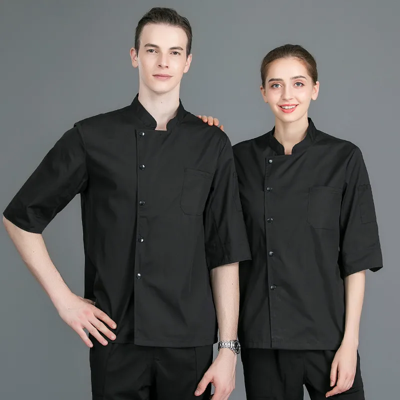 Black Новое поступление Рубашка с короткими рукавами форма офицантки Кухня отель готовить Повседневная обувь дышащая шеф-повар куртка Однотонная одежда унисекс суши костюм - Цвет: Black