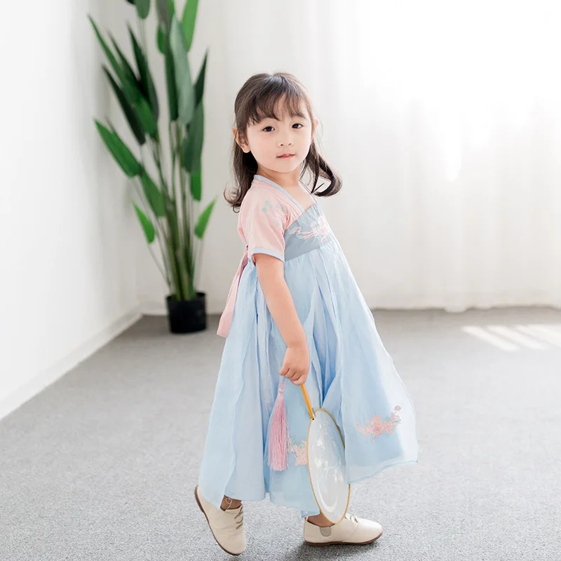 Длинное платье с цветочной вышивкой для маленьких девочек 2-8 лет, простой китайский Танг hanfu, детский традиционный костюм в древнем народном стиле, летняя одежда - Цвет: sky blue