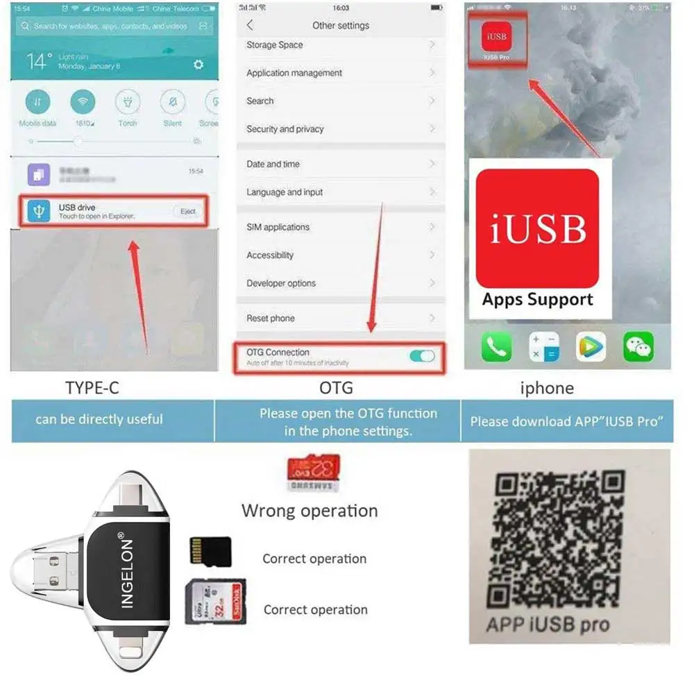 Устройство для чтения SD карт металлический USB адаптер 3 в 1 C OTG оптовая продажа