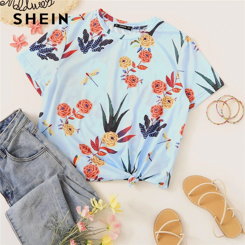 SHEIN Цветочная Футболка С Графическим Принтом Женский Летний Повседневный Топ С Короткими Рукавами И Круглым Вырезом