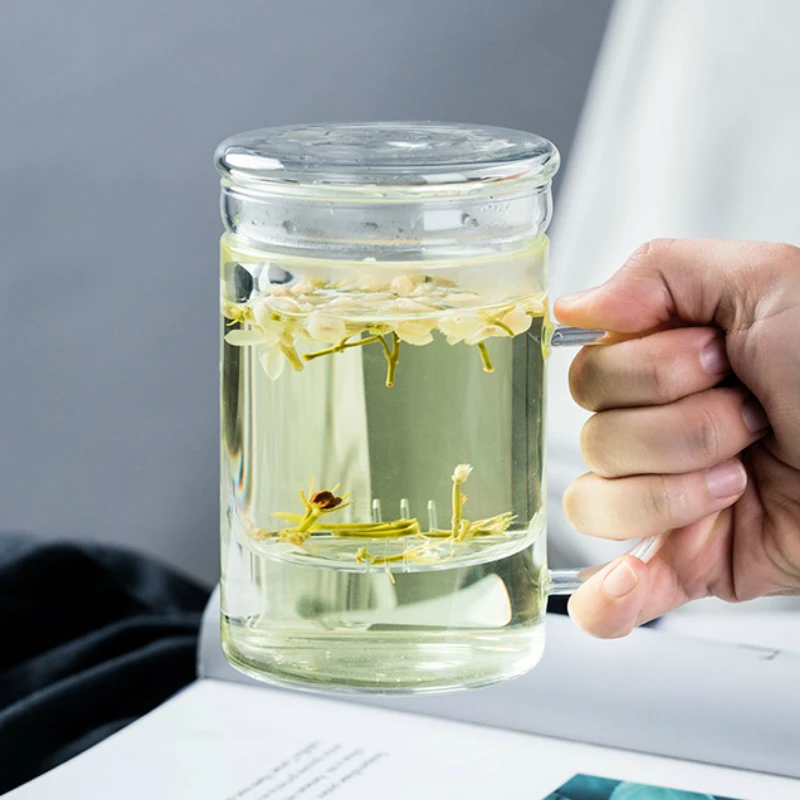 

400ML Filter Transparent Tea Mug with Handle Lid Glass Teacup Home Flower Tea Mug Simple Pu'er Teacup Single layer drop