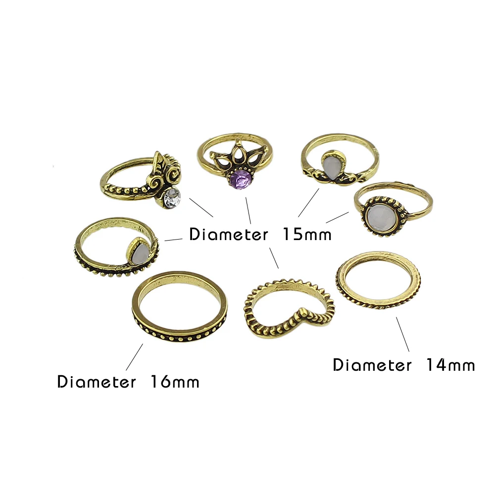 8pcs/set Boho Accessories Antique Gold-Color Silver Color Rings Crown Rhinestone White Opal Knuckle Ring Set Jewelry For Women | Украшения