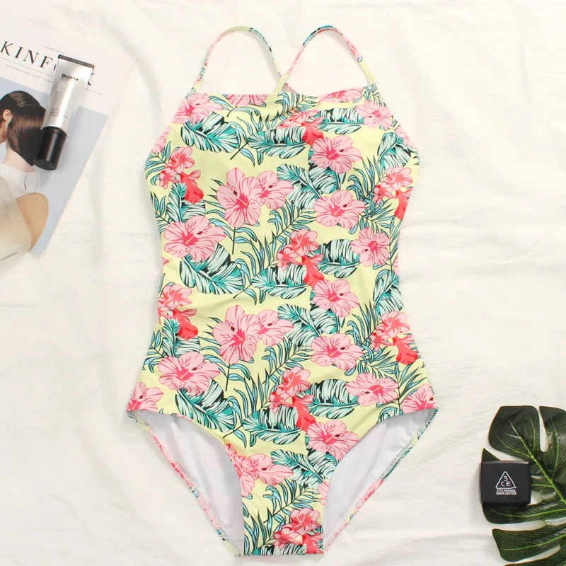 

New Top quality Summer Retro Floral Blackless Sexy Women One Pieces Swimwear Hot Girl Swimsuit Cute Beach Wear Bathing Suit