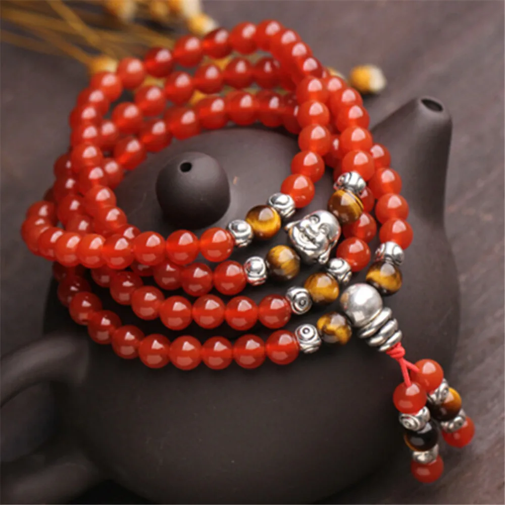 

Natural Red Onyx 108 Beads Mala Buddha Head Charm Prayer Beaded Bracelets Unisex Yoga Meditation Tiger Eye Jewelry for Men Women