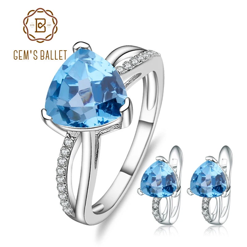 

GEM'S BALLET Triangle Natural Blue Topaz Classic Gemstone Jewelry Sets 925 Sterling Silver Earrings Ring Set For Women Wedding