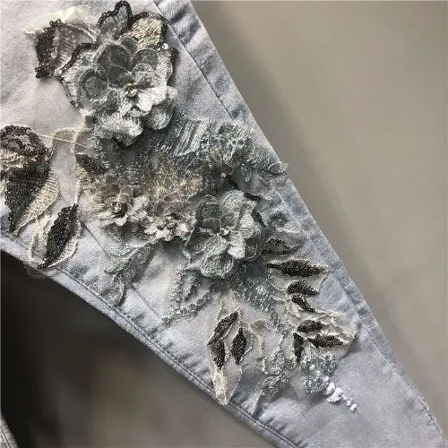 Новинка 2019 женские джинсы модные брюки с цветочной вышивкой узкие брюки-карандаш