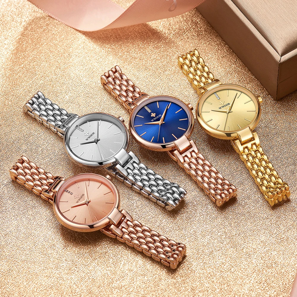 Новые женские наручные часы WWOOR из нержавеющей стали цвета розового золота