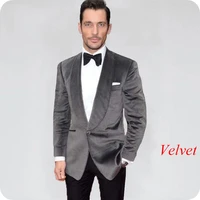 latest designs smoking jacket grey velvet men suits wedding suit groom tuxedo 2piece slim man blazers prom party terno masculino