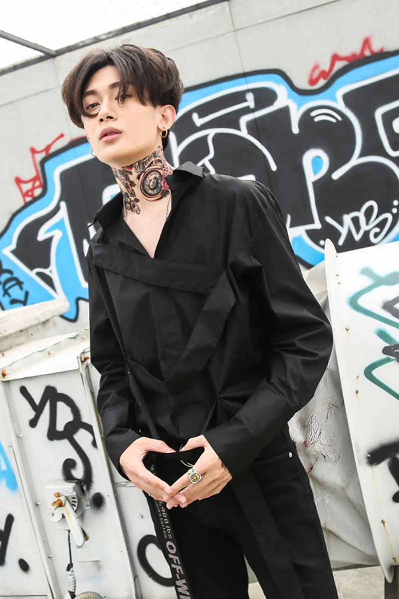 

M-XL!! Spring and autumn models dark men's loose cross belt decoration long-sleeved nightclub hair stylist trend shirt.