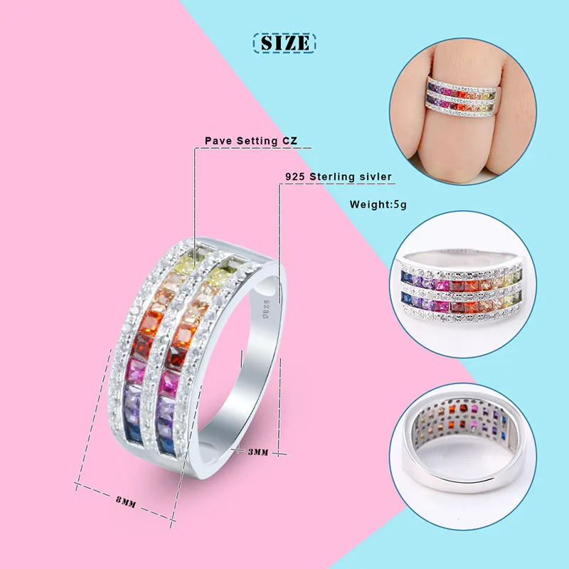 Женское кольцо из серебра 925 пробы с радужным кубическим цирконием|Кольца| |
