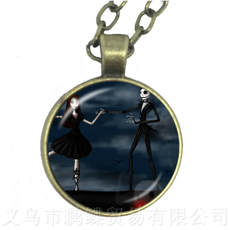 

Palaeo Bronze The Jack Skellington And Sally 25MM Glass Cabochon Necklace Charms Halloween Party Jewelry Gift For Kids