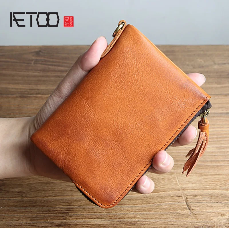 Мужской винтажный кошелек AETOO короткий кожаный бумажник из натуральной кожи с