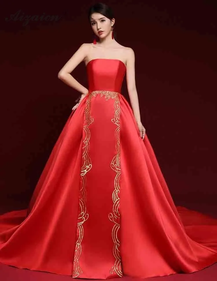 Восточный стиль, красное платье Хост, длинное, Cheongsam, современная вышивка невесты, Qi Pao, женское традиционное китайское платье, модное шоу