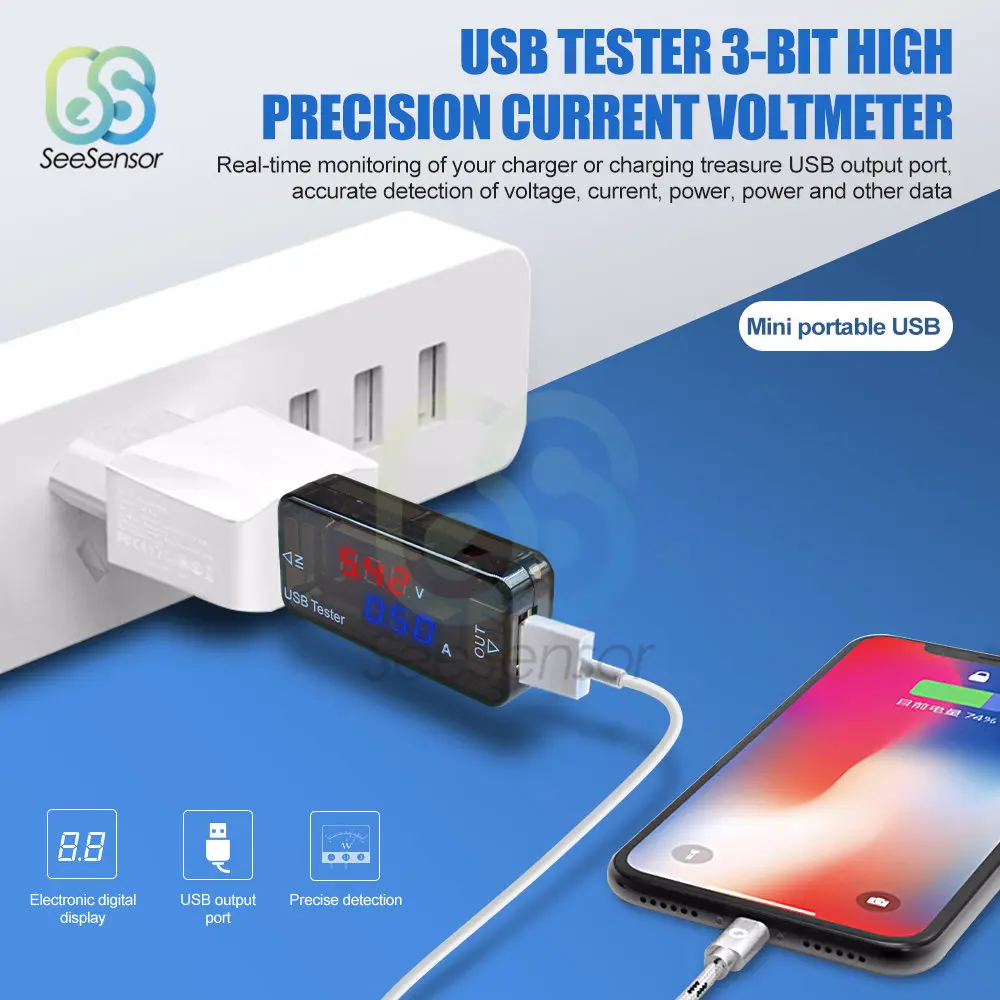 Цифровой USB зарядный детектор напряжения 3/4 цифры мобильный вольтметр амперметр