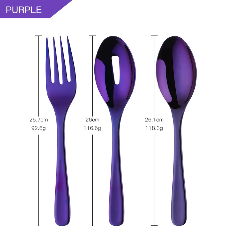 Purple Новинка, 3 шт./набор, 18/8 нержавеющая сталь, большой размер, длинная ручка, сервировочная ложка для салата/вилка/дуршлаг, набор для салата, кухонная утварь - Цвет: Purple