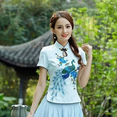 blue tops Sheng Coco, женские топы с вышивкой Феникса, китайские модифицированные рубашки Cheongsam, топы, летние жаккардовые хлопковые литературные Рубашки, Топы синего цвета - Цвет: blue tops