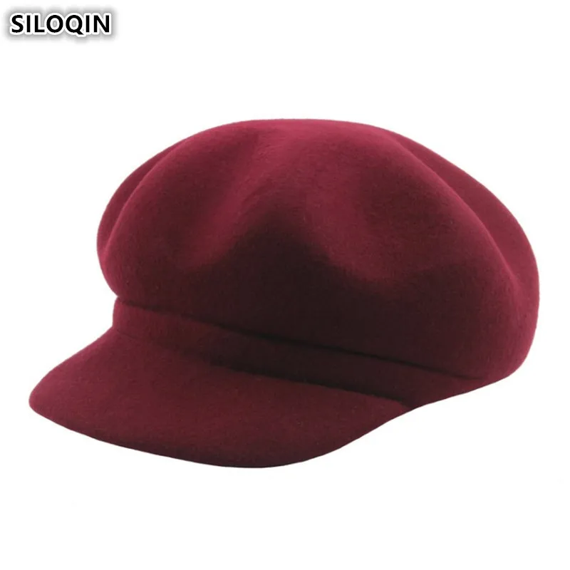 

Элегантные женские осенне-зимние шапки SILOQIN из 100% шерсти кепки газетчика теплый плотный берет для женщин новый стиль однотонная простая женская шапка