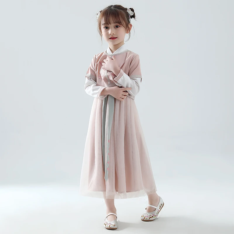 Детские Hanfu костюм для девочки в китайском Стиль со сказочным цветком в стиле династии Тан платье древней китайской и традиционный Hanfu одежда, костюмы для танцев DQL482