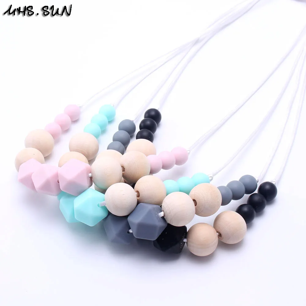 MHS.SUN Food grade material silicone&ampwooden beads necklace long rope chain cute baby teething suit breastfeeding women | Украшения и