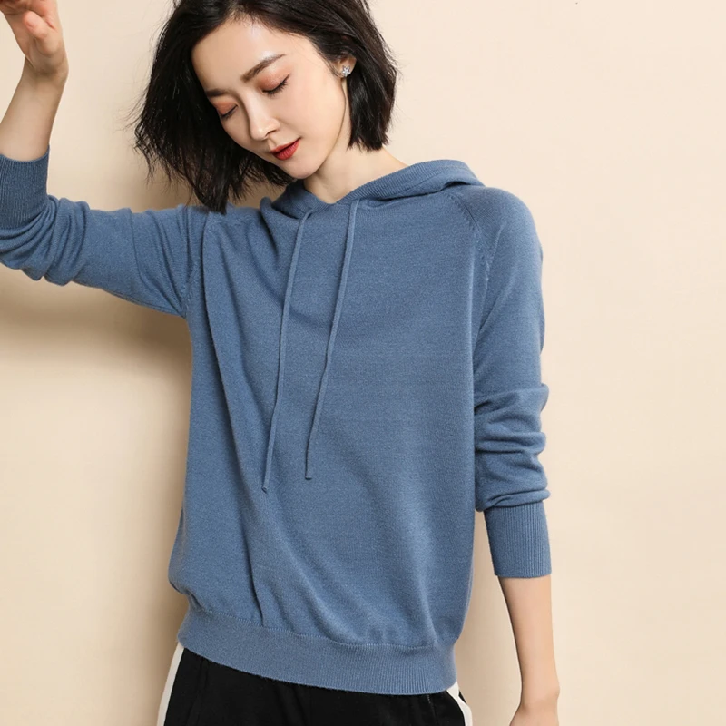 HZYRMY Spring Autumn New Women's Cashmere Sweater Fashion Solid Color Hooded Soft Shirt Short Loose Wool Knit Pullover Sweaters | Женская