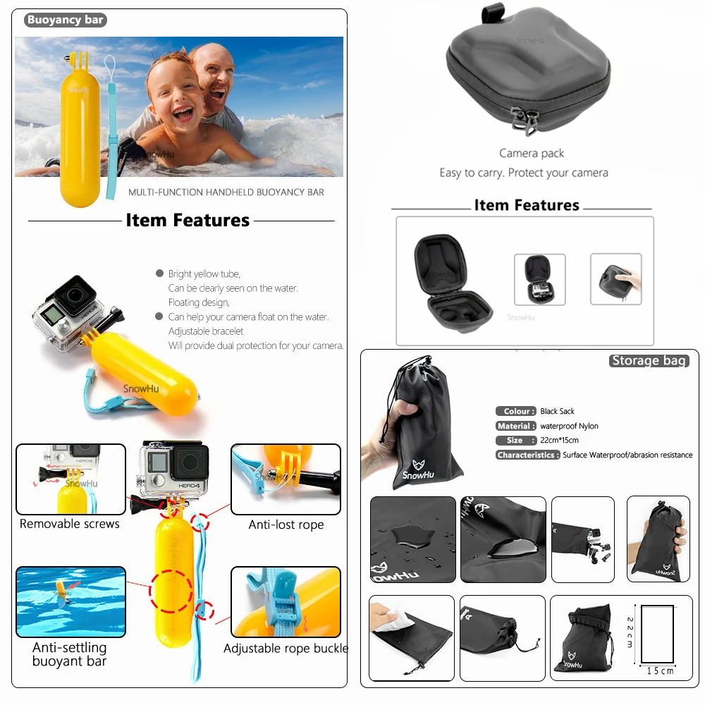 SnowHu аксессуары для экшн камеры GoPro Hero 9 8 7 6 5 BlackYi 4K Lite 2 SJCAM Eken H9 Go Pro Набор