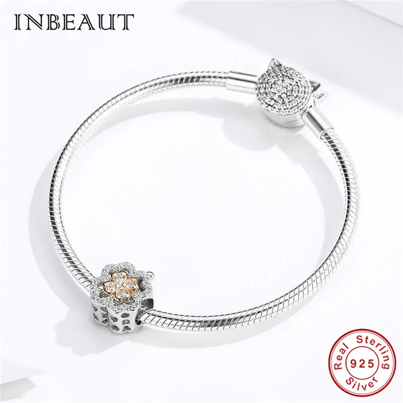 INBEAUT 100% 925 Sterling Silver Original CZ Clover Apple Beads fit Brand Bracelet Rose Gold Zircon Fruit Charms diiy Jewelry | Украшения и